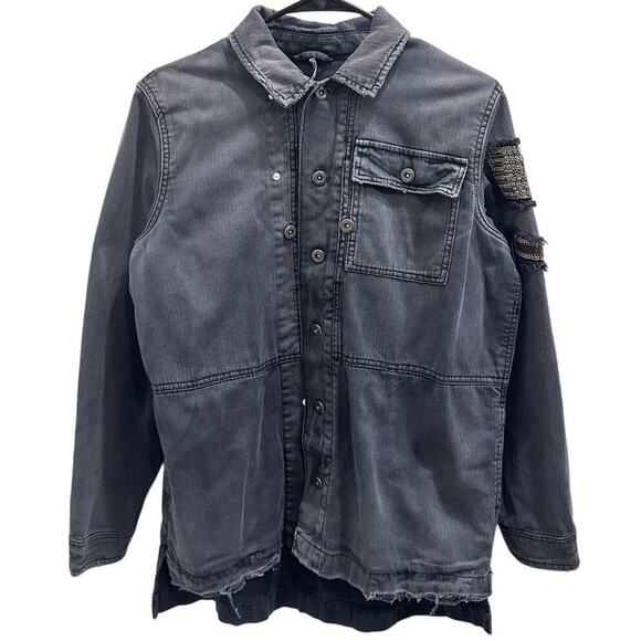 Free People Embellished Military Shirt Jacket Gray Distressed Beaded Patchwork - Picture 1 of 13